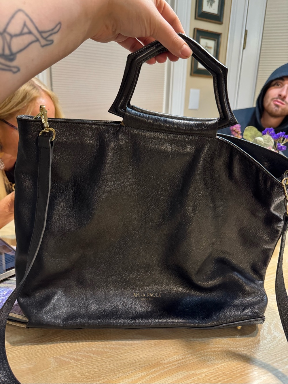 Anna Paola Black Leather Tote with Top Handles